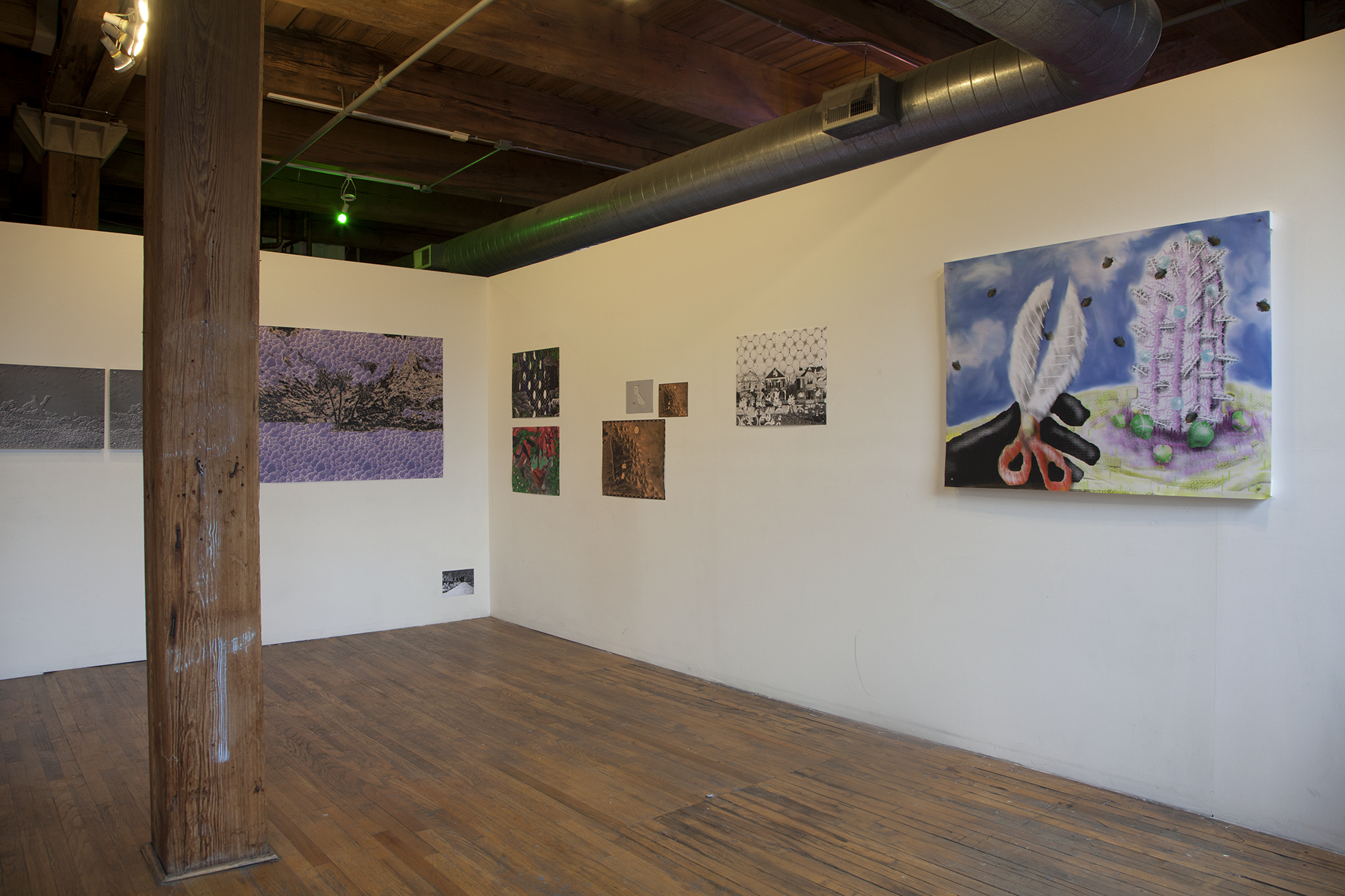 Installation view of eleven large scale prints hung on white walls